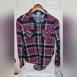 Passport Purple Black Plaid Flannel Snap Button Shirt - Size Medium